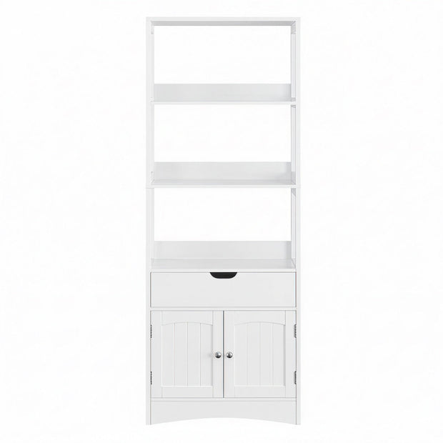 Tall Freestanding Bookshelf – Wood – White – 3 Open Shelves and 1 Drawer