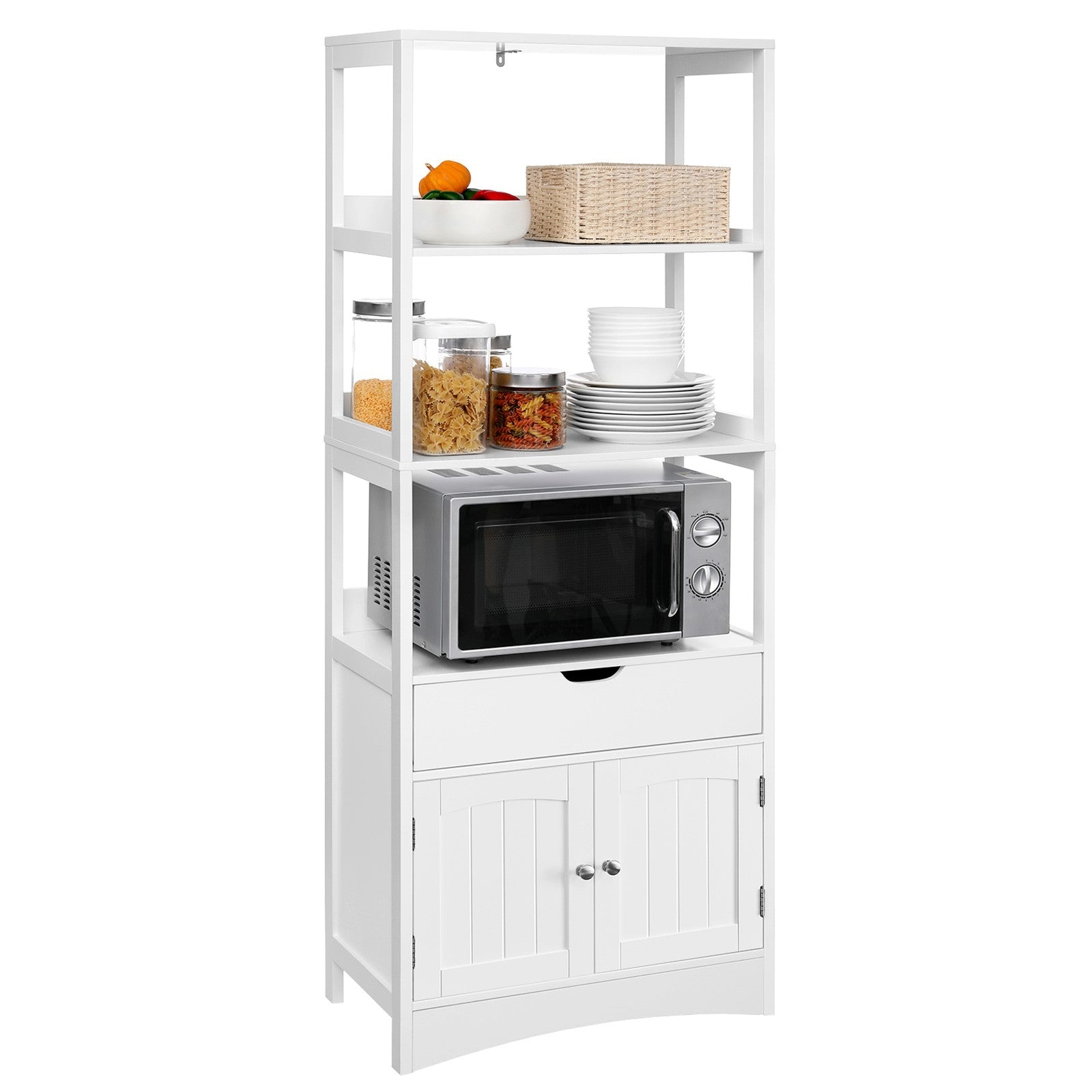 Tall Freestanding Bookshelf – Wood – White – 3 Open Shelves and 1 Drawer