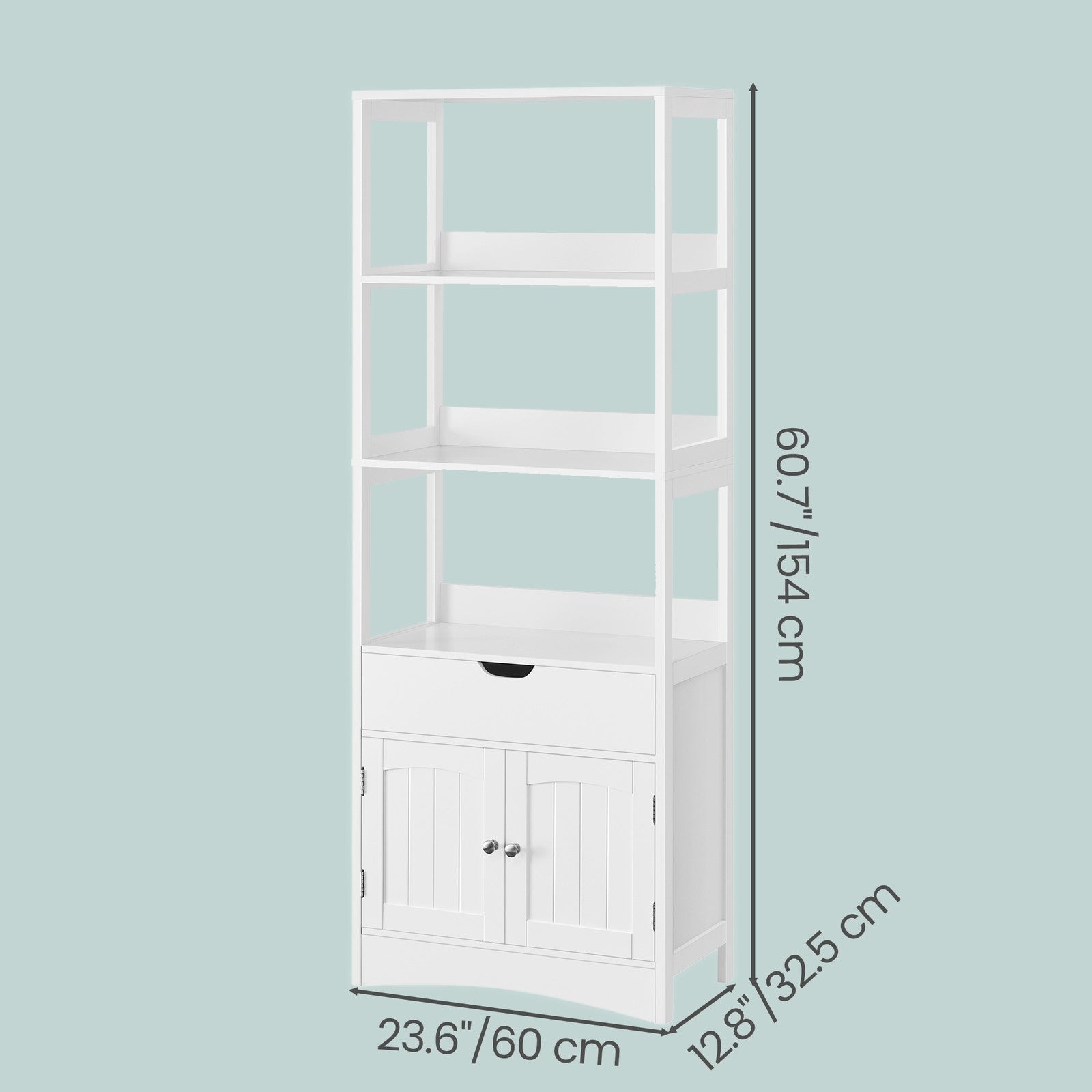 Tall Freestanding Bookshelf – Wood – White – 3 Open Shelves and 1 Drawer