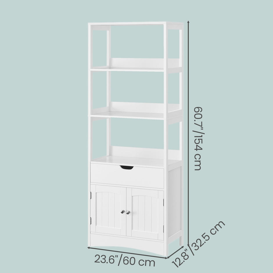Tall Freestanding Bookshelf – Wood – White – 3 Open Shelves and 1 Drawer