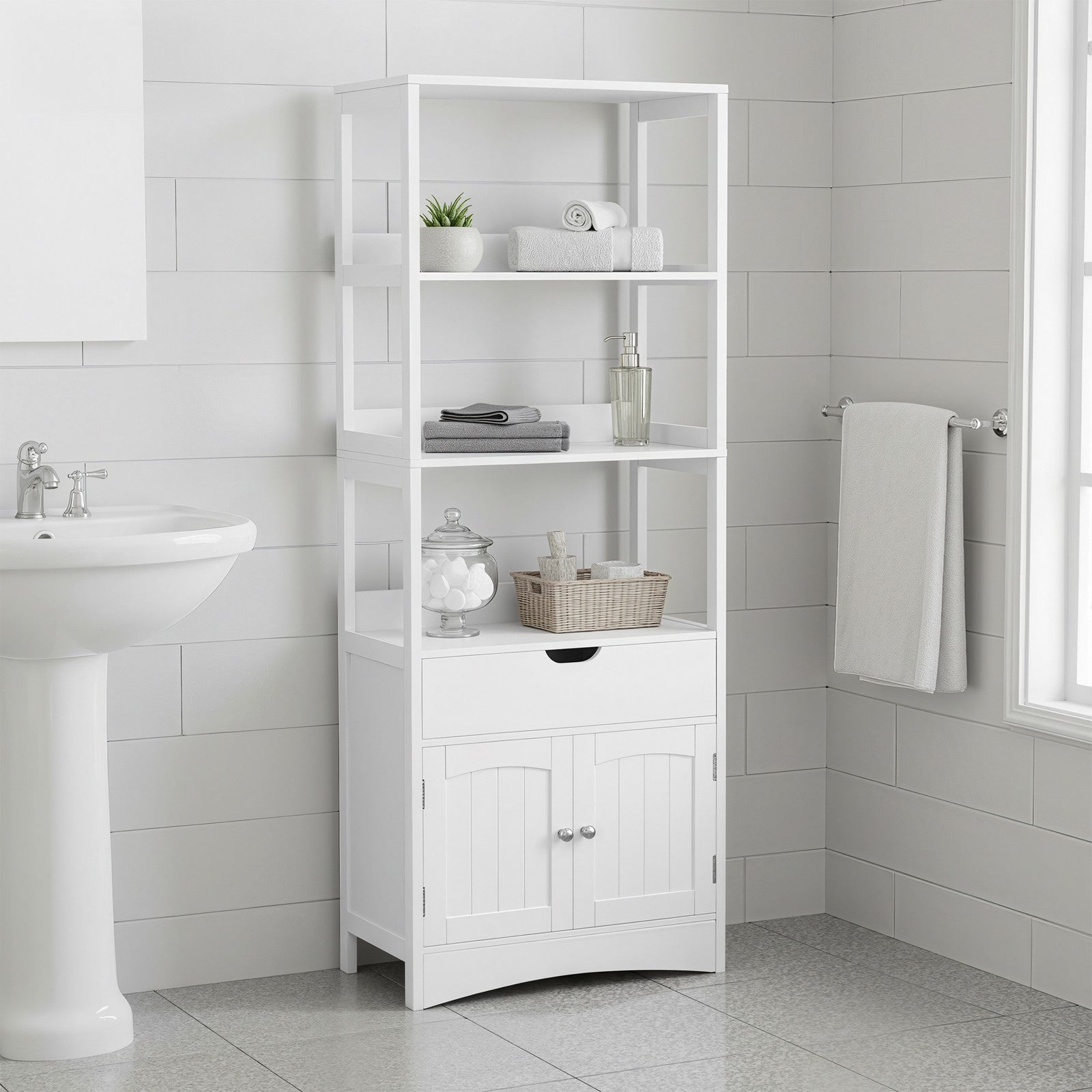 Tall Freestanding Bookshelf – Wood – White – 3 Open Shelves and 1 Drawer