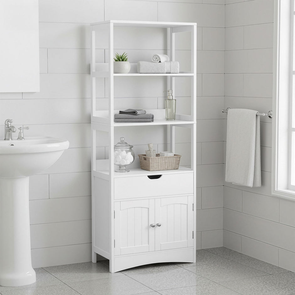 Tall Freestanding Bookshelf – Wood – White – 3 Open Shelves and 1 Drawer