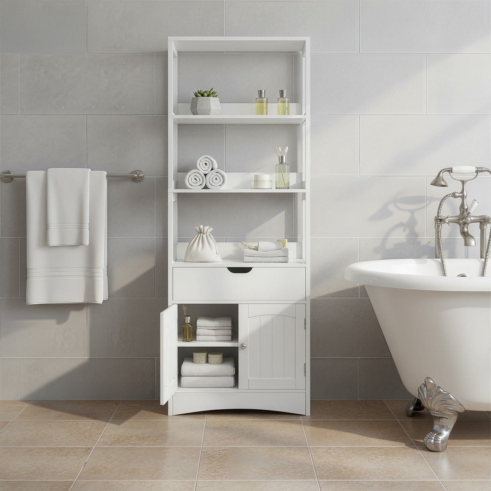 Tall Freestanding Bookshelf – Wood – White – 3 Open Shelves and 1 Drawer