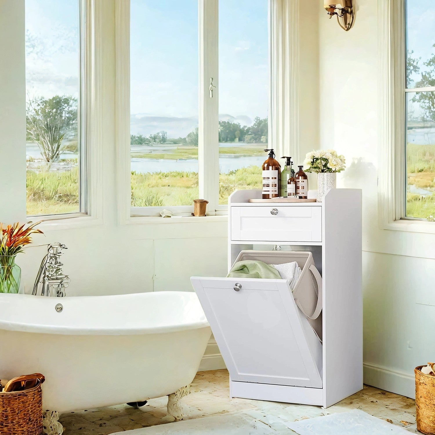 Bathroom Cabinet – Wood – Cloud White – Removable Laundry Basket with Drawer