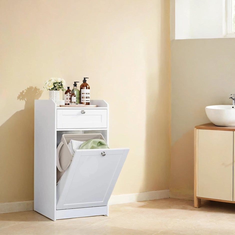 Bathroom Cabinet – Wood – Cloud White – Removable Laundry Basket with Drawer