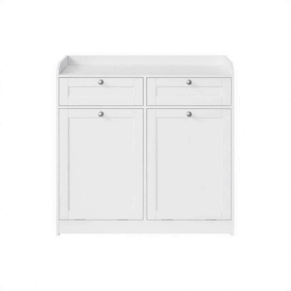 Laundry Hamper Cabinet – Wood – Cloud White – 2 Removable Baskets with Handles