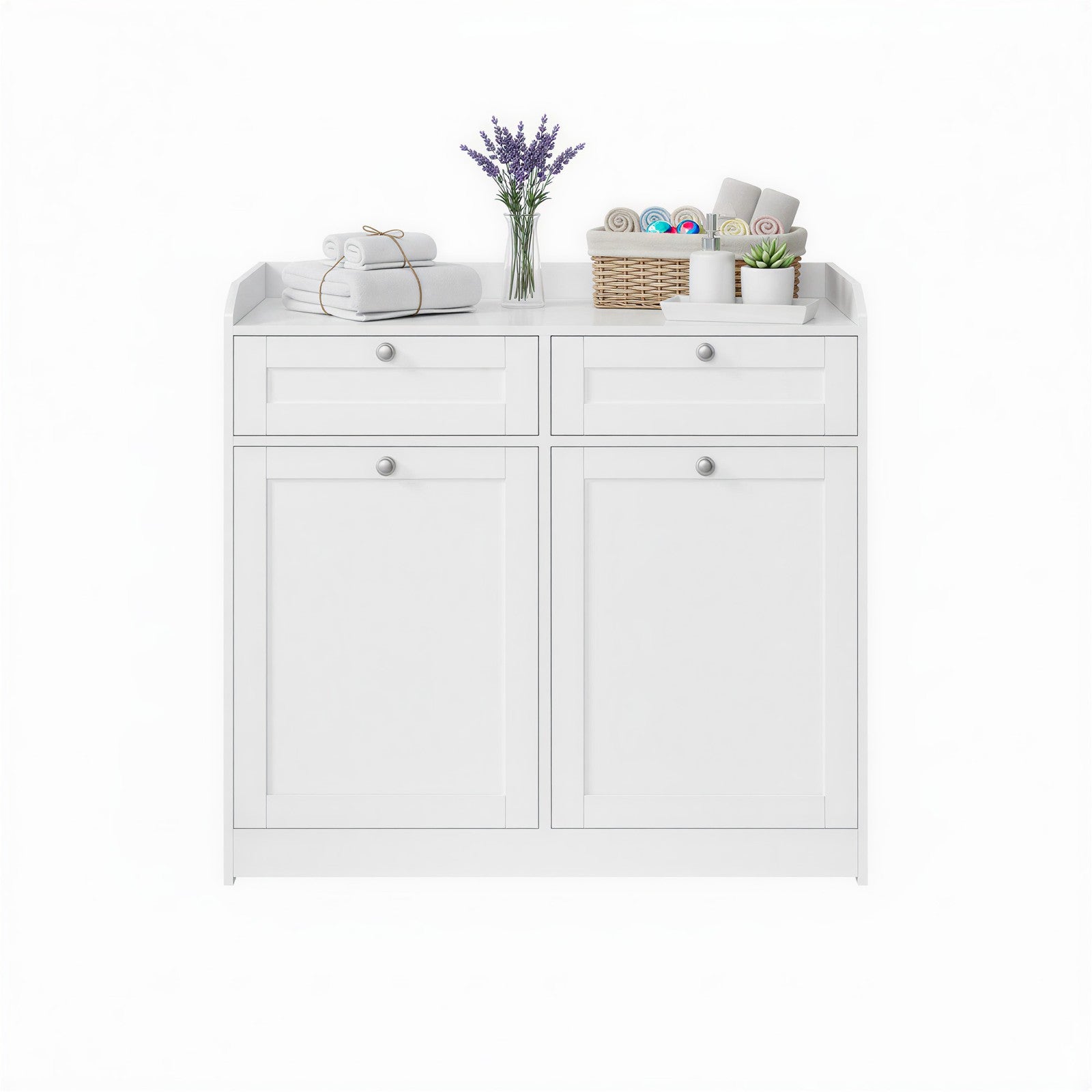 Laundry Hamper Cabinet – Wood – Cloud White – 2 Removable Baskets with Handles