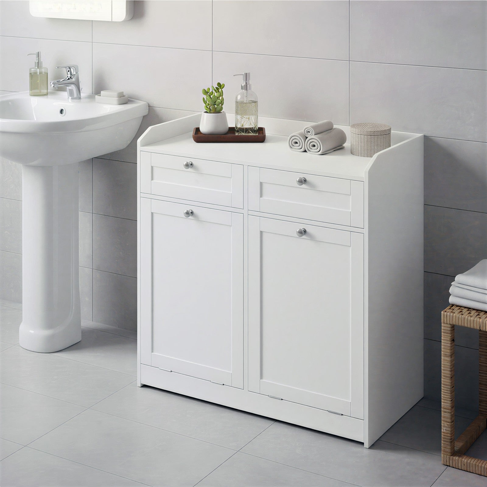 Laundry Hamper Cabinet – Wood – Cloud White – 2 Removable Baskets with Handles