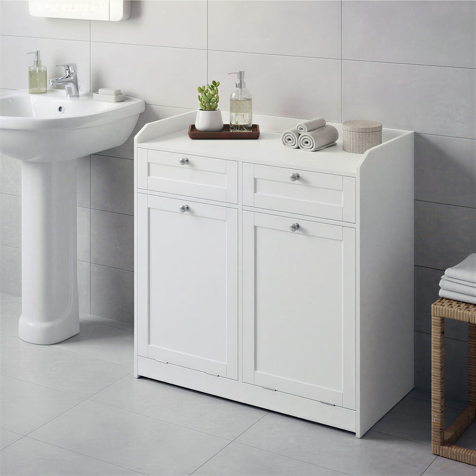 Laundry Hamper Cabinet – Wood – Cloud White – 2 Removable Baskets with Handles