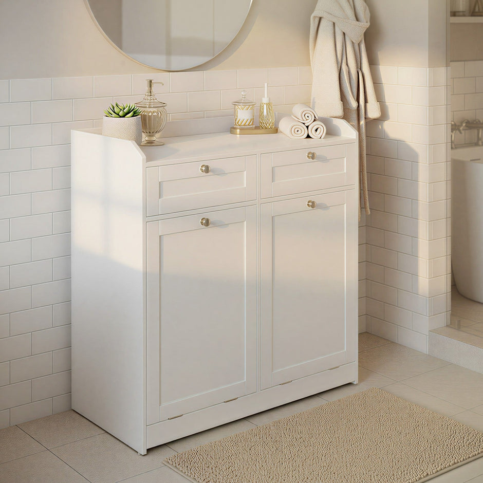 Laundry Hamper Cabinet – Wood – Cloud White – 2 Removable Baskets with Handles
