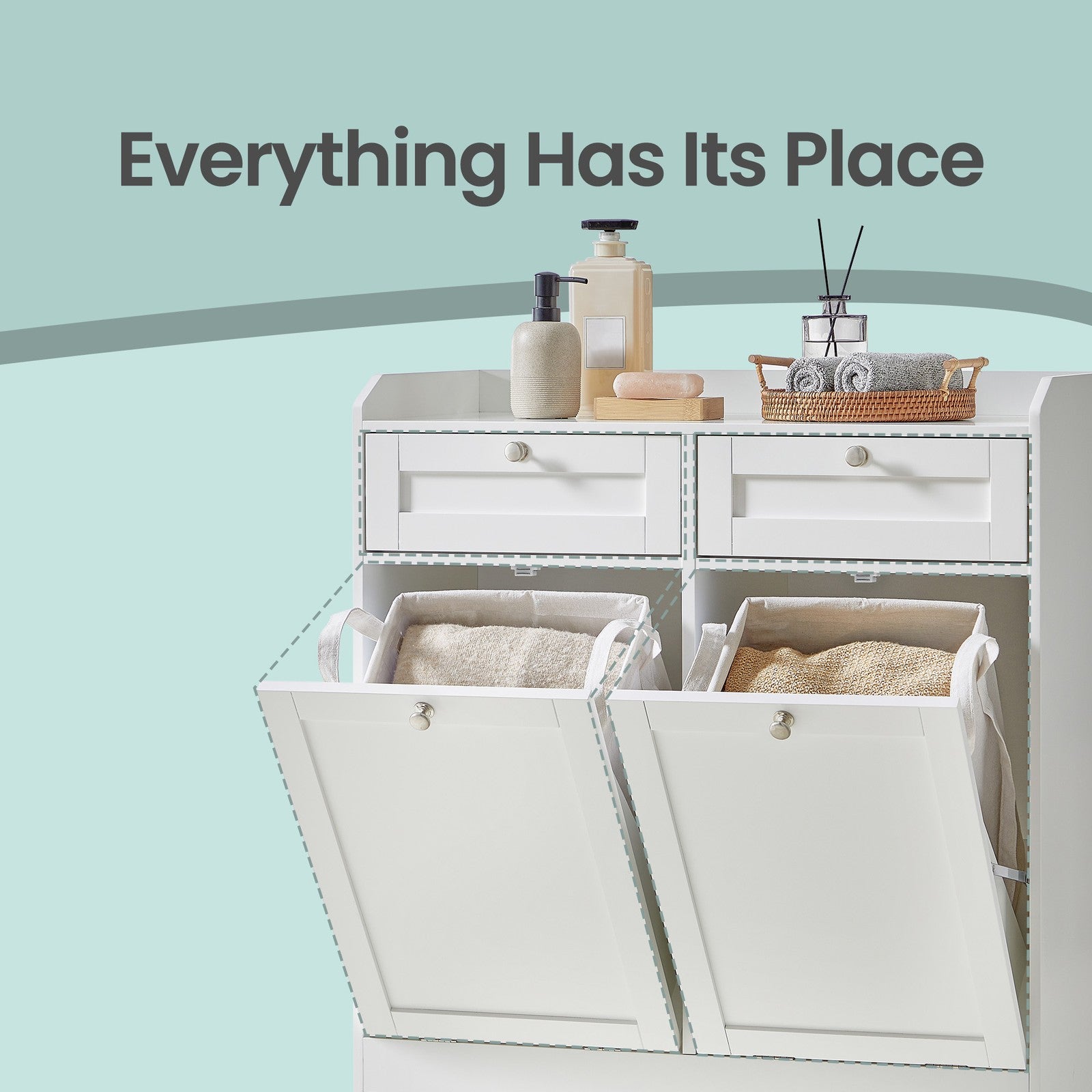 Laundry Hamper Cabinet – Wood – Cloud White – 2 Removable Baskets with Handles