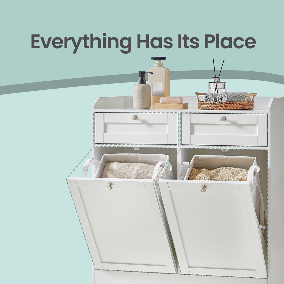 Laundry Hamper Cabinet – Wood – Cloud White – 2 Removable Baskets with Handles