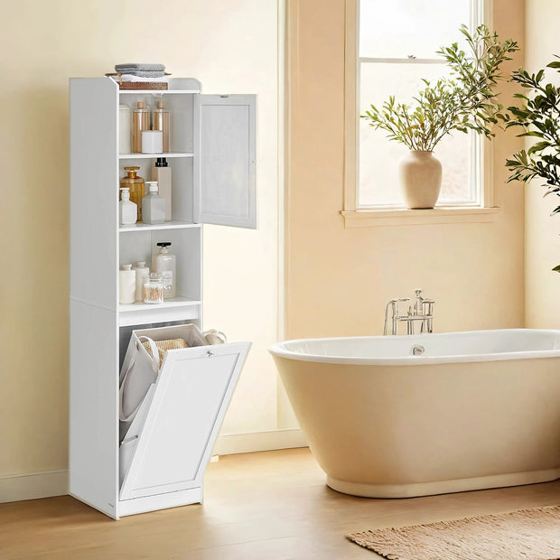 Tall Bathroom Storage Cabinet – Engineered Wood – Cloud White – Removable Laundry Hamper and Freestanding Design for Small Spaces