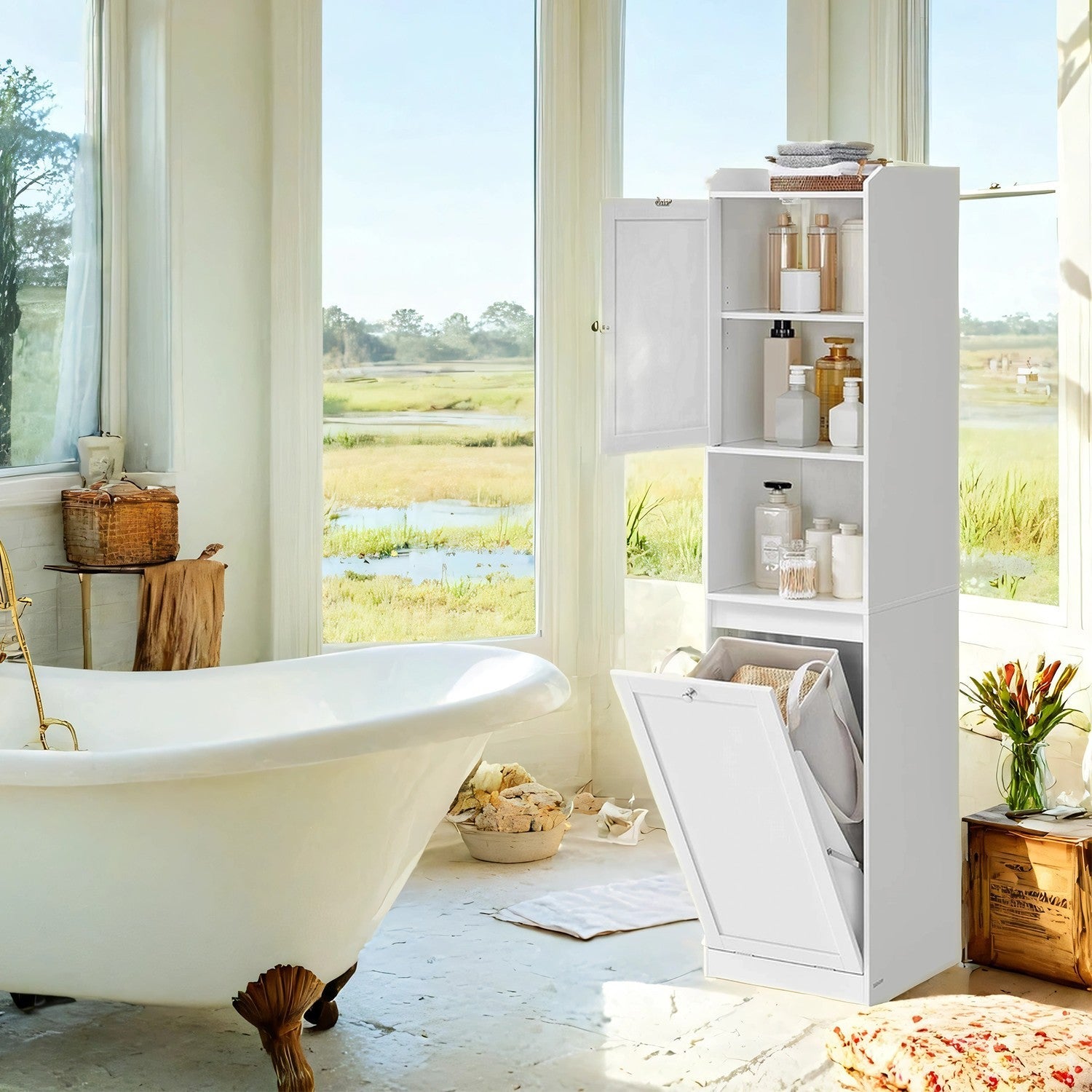 Tall Bathroom Storage Cabinet – Engineered Wood – Cloud White – Removable Laundry Hamper and Freestanding Design for Small Spaces