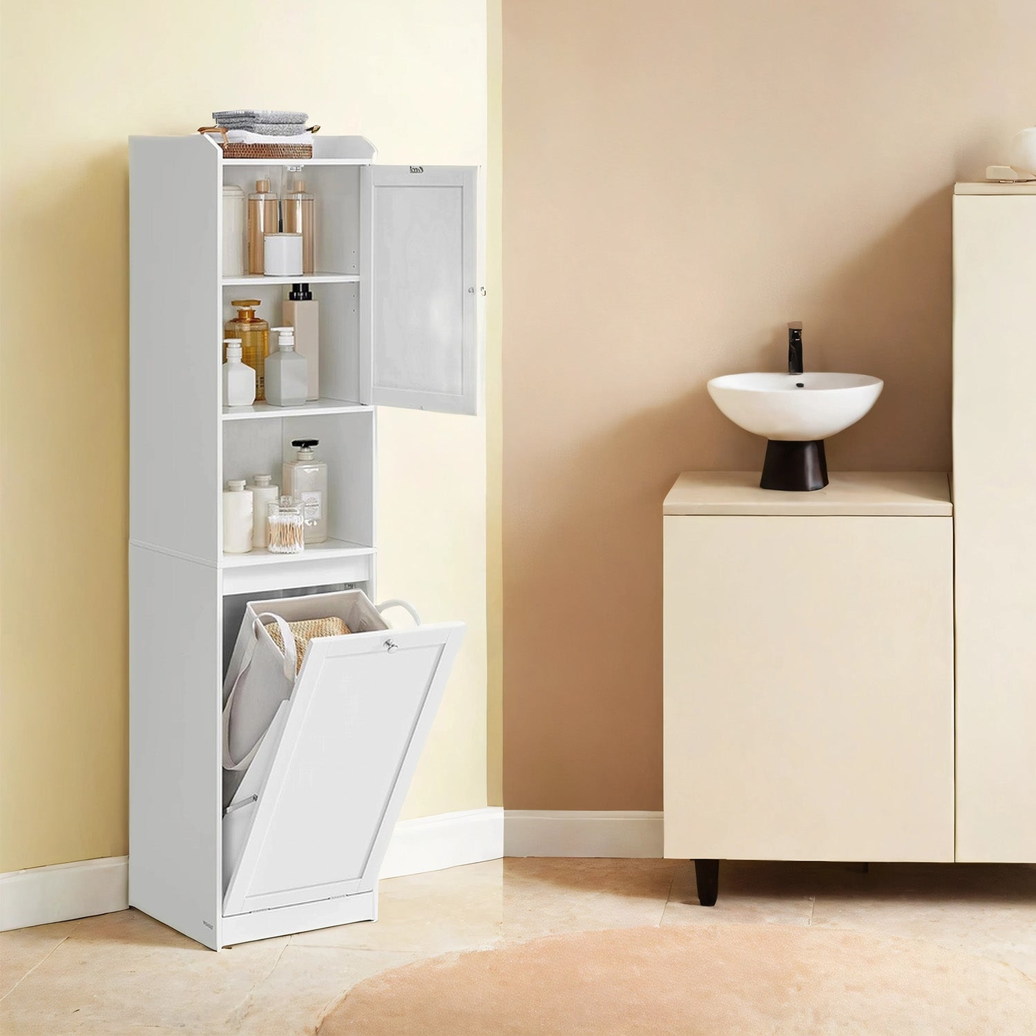 Tall Bathroom Storage Cabinet – Engineered Wood – Cloud White – Removable Laundry Hamper and Freestanding Design for Small Spaces