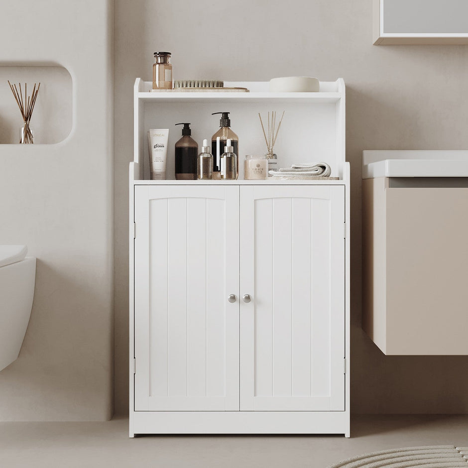 Bathroom Floor Cabinet – Engineered Wood – Cloud White – 100 cm Tall with 2 Doors and 2 Adjustable Shelves