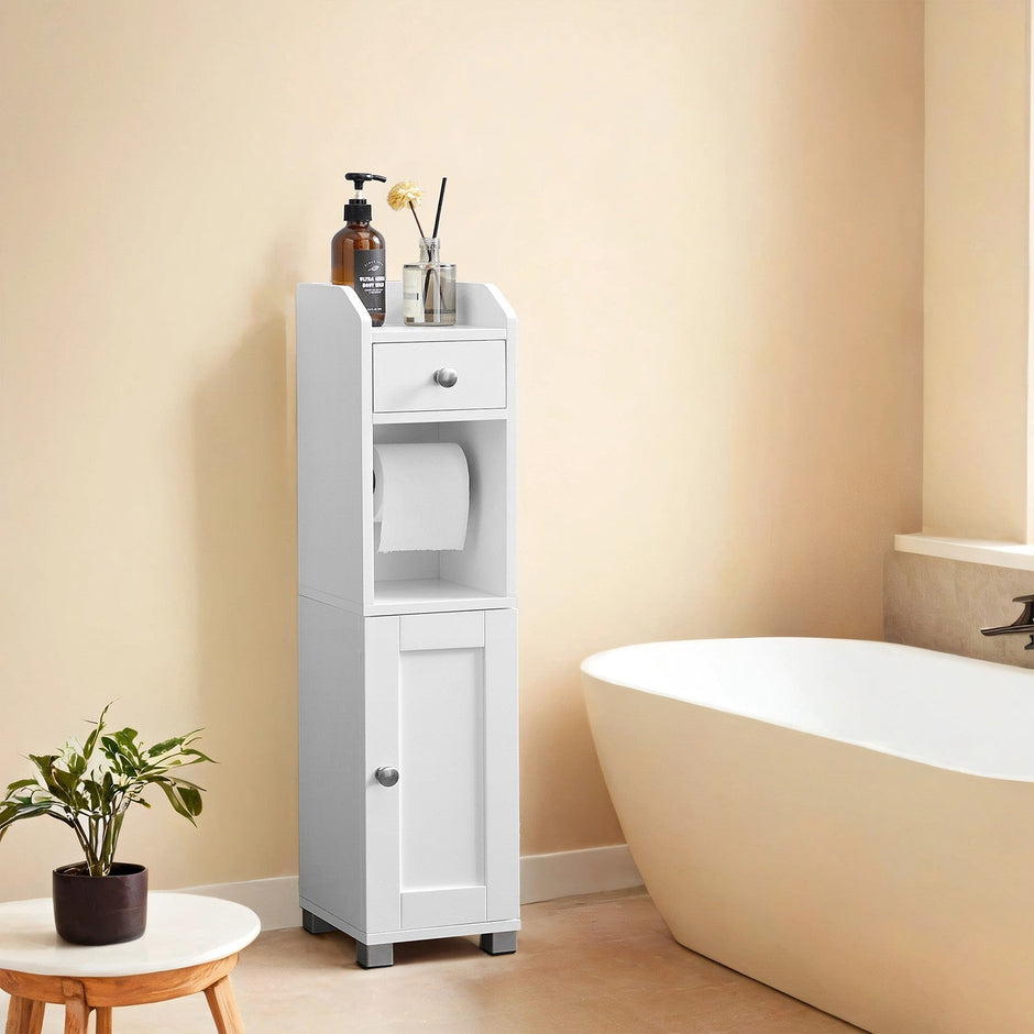 Toilet Paper Holder – Wood – White – Bathroom Organizer with Adjustable Shelf and Waterproof Feet