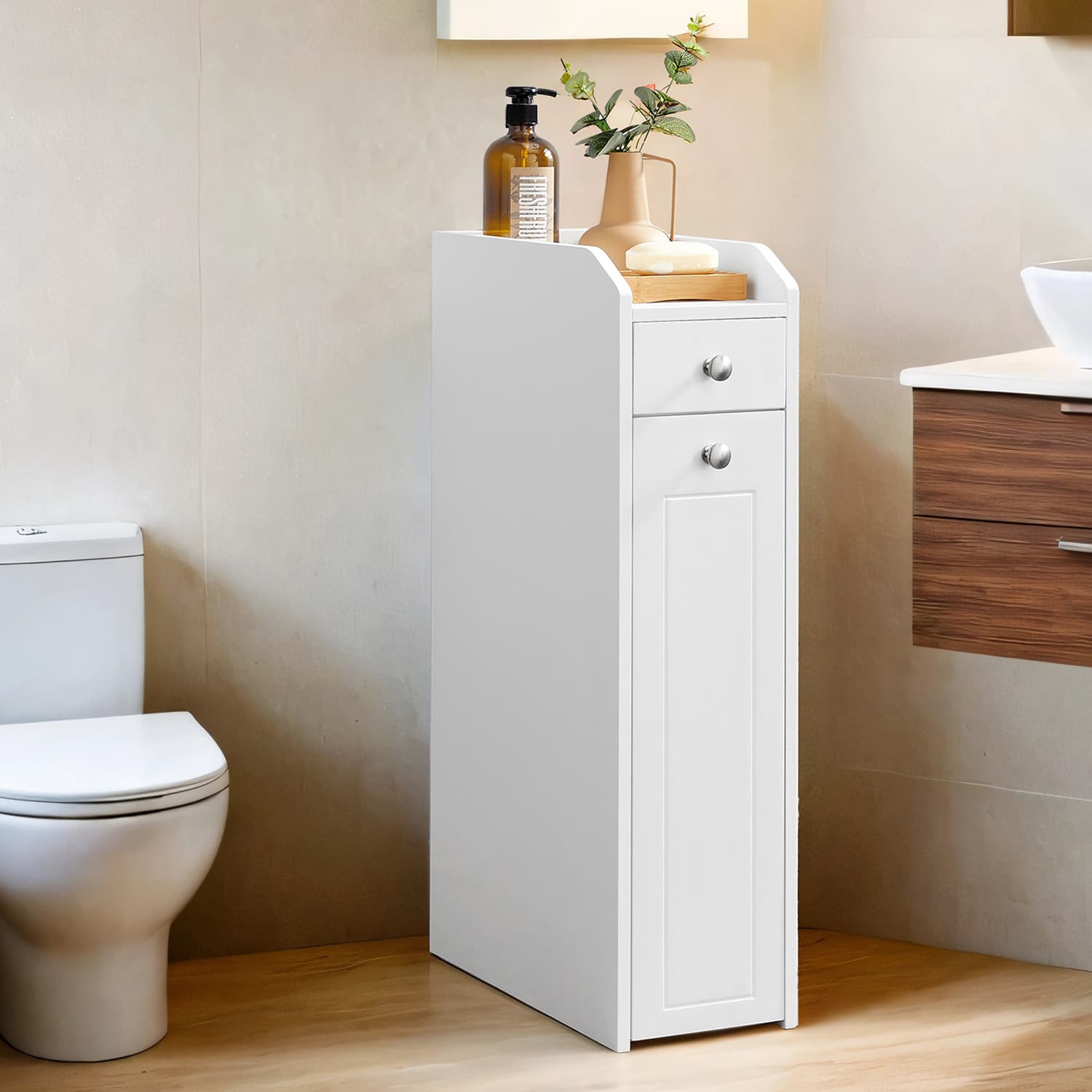 Slim Bathroom Storage Cabinet – MDF – Dove Grey – Freestanding with Drawers for Space Efficiency