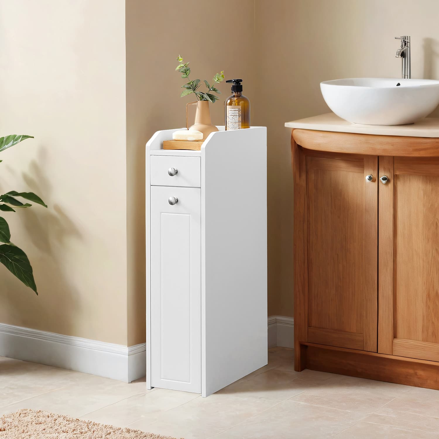 Slim Bathroom Storage Cabinet – MDF – Dove Grey – Freestanding with Drawers for Space Efficiency