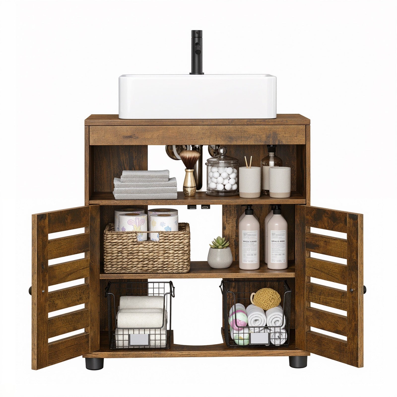 Bathroom Cabinet – Engineered Wood – Rustic Brown – Adjustable Shelf and Louvered Doors for Pedestal Sinks
