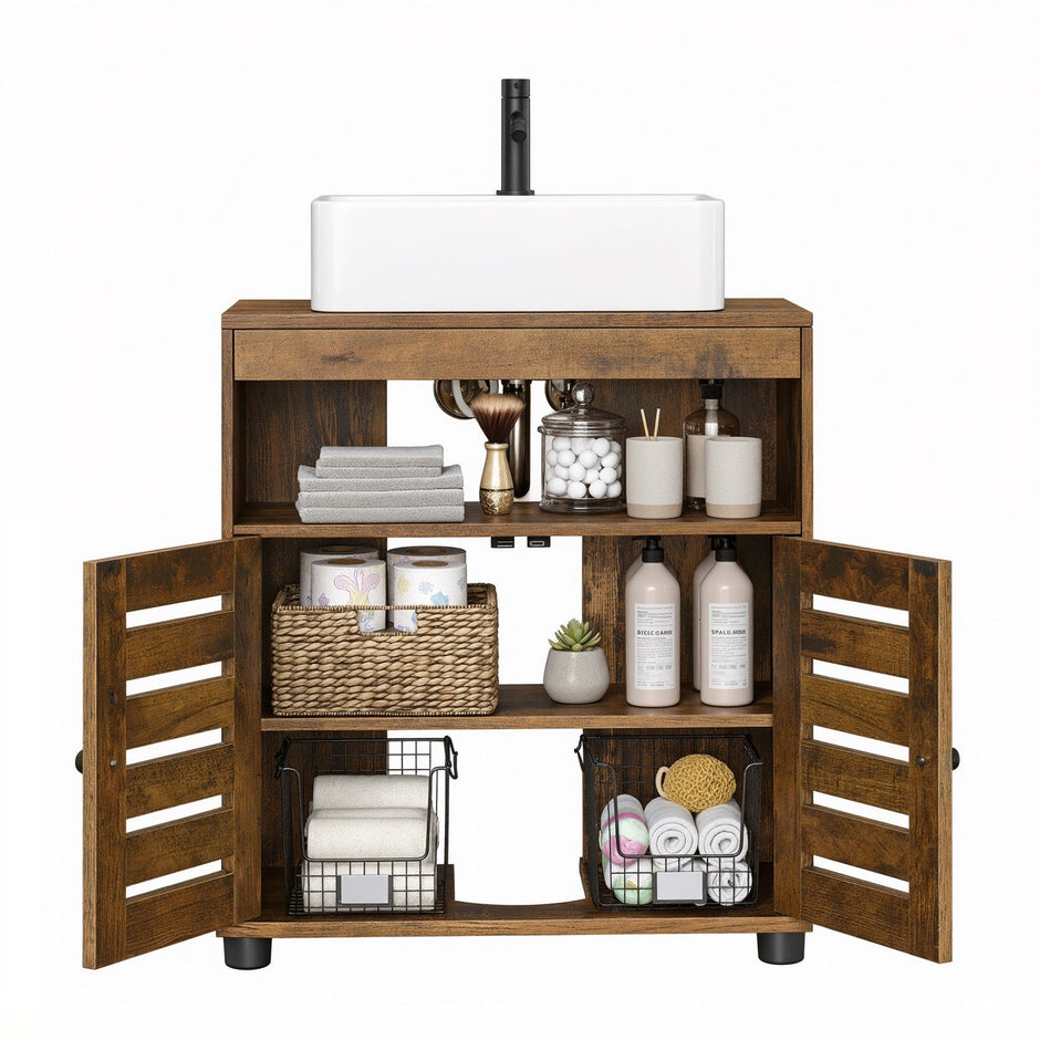 Bathroom Cabinet – Engineered Wood – Rustic Brown – Adjustable Shelf and Louvered Doors for Pedestal Sinks