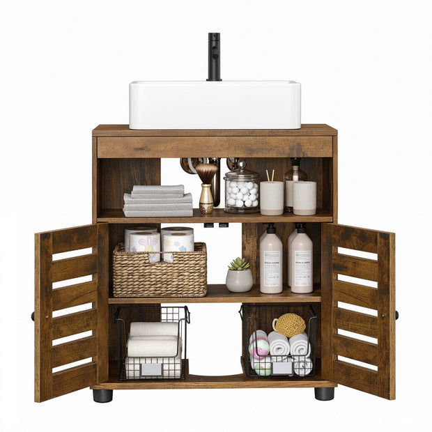 Bathroom Cabinet – Engineered Wood – Rustic Brown – Adjustable Shelf and Louvered Doors for Pedestal Sinks