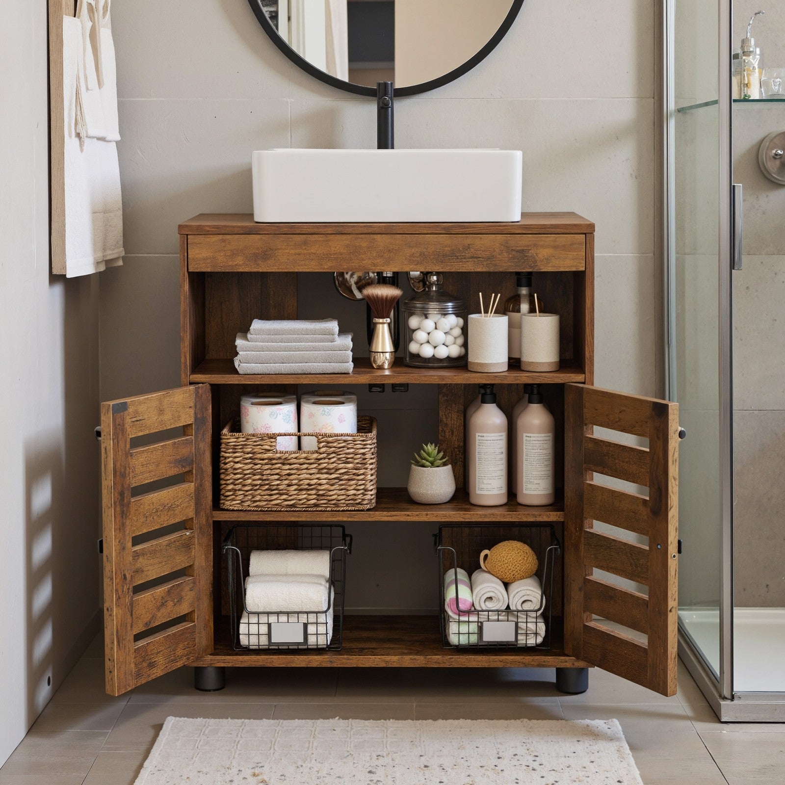 Bathroom Cabinet – Engineered Wood – Rustic Brown – Adjustable Shelf and Louvered Doors for Pedestal Sinks