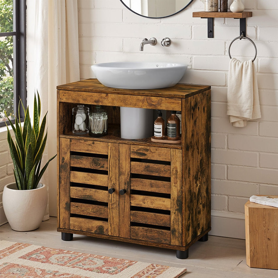 Bathroom Cabinet – Engineered Wood – Rustic Brown – Adjustable Shelf and Louvered Doors for Pedestal Sinks