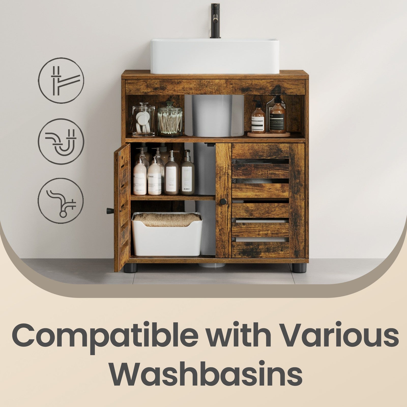 Bathroom Cabinet – Engineered Wood – Rustic Brown – Adjustable Shelf and Louvered Doors for Pedestal Sinks