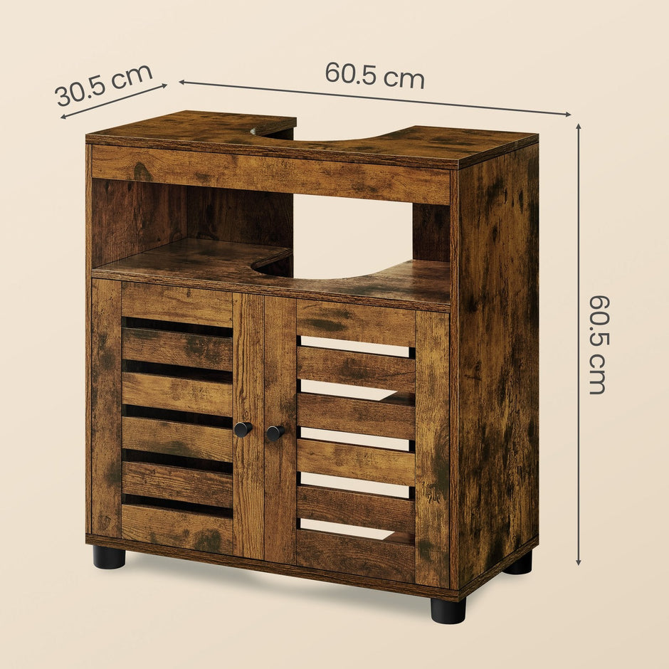 Bathroom Cabinet – Engineered Wood – Rustic Brown – Adjustable Shelf and Louvered Doors for Pedestal Sinks