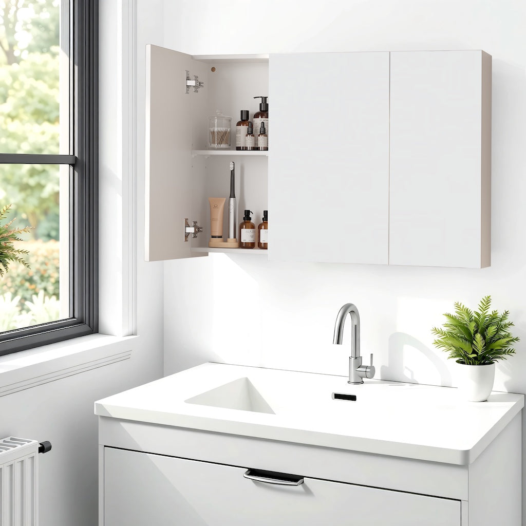 Wall Mirror Cabinet – Wood – White – Adjustable Shelves, Modern Design, Space-Saving
