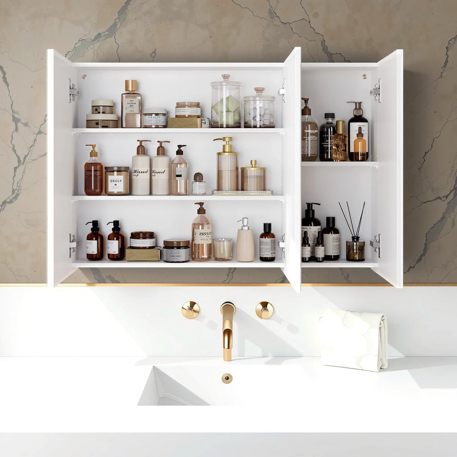 Wall Mirror Cabinet – Wood – White – Adjustable Shelves, Modern Design, Space-Saving