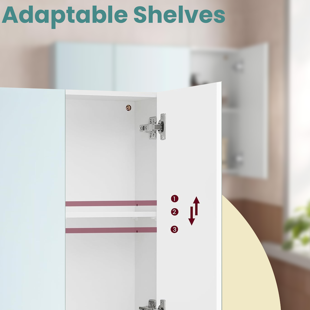 Wall Mirror Cabinet – Wood – White – Adjustable Shelves, Modern Design, Space-Saving