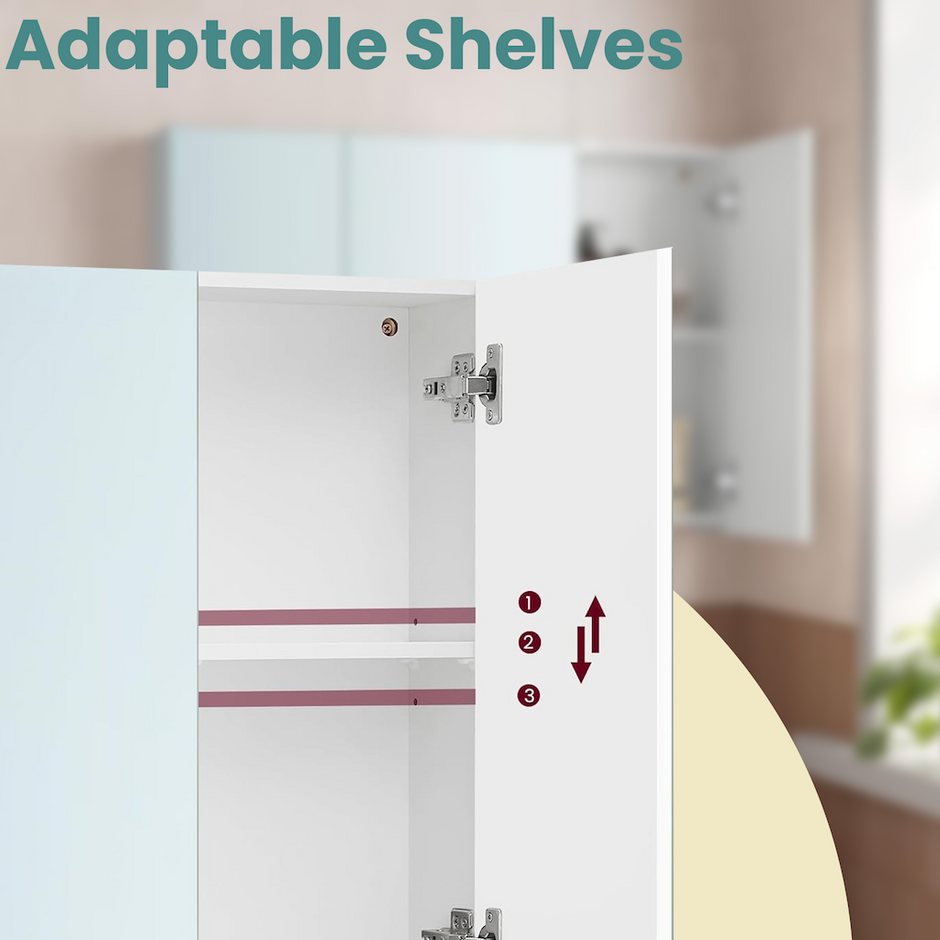 Wall Mirror Cabinet – Wood – White – Adjustable Shelves, Modern Design, Space-Saving