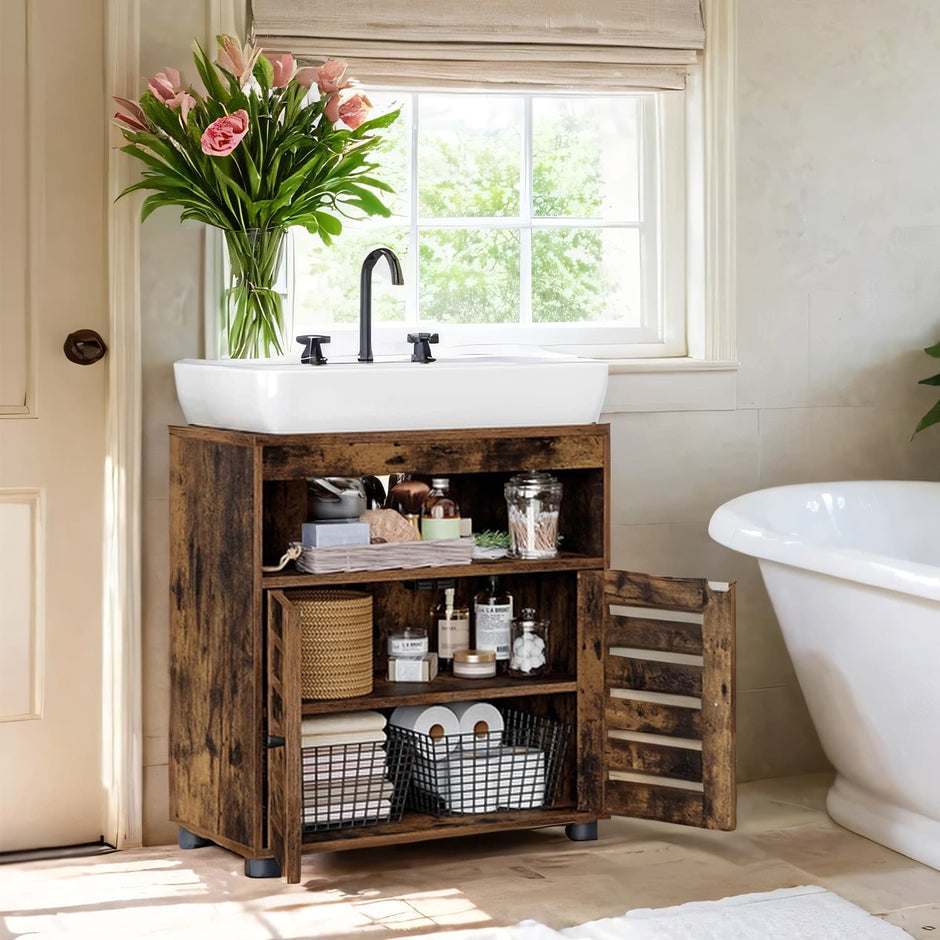 Bathroom Vanity Unit – Engineered Wood – Rustic Brown – 2-Door Design with Adjustable Shelf