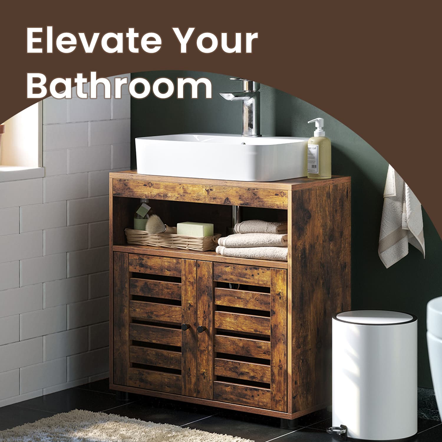 Bathroom Vanity Unit – Engineered Wood – Rustic Brown – 2-Door Design with Adjustable Shelf