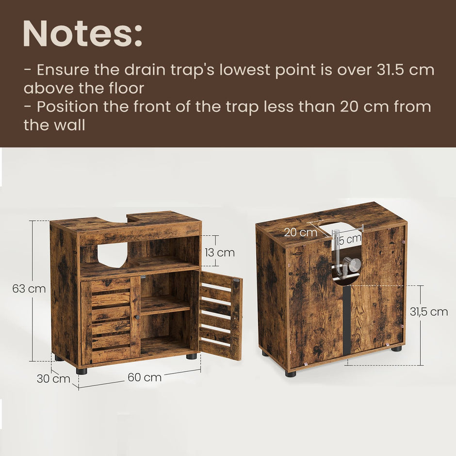 Bathroom Vanity Unit – Engineered Wood – Rustic Brown – 2-Door Design with Adjustable Shelf