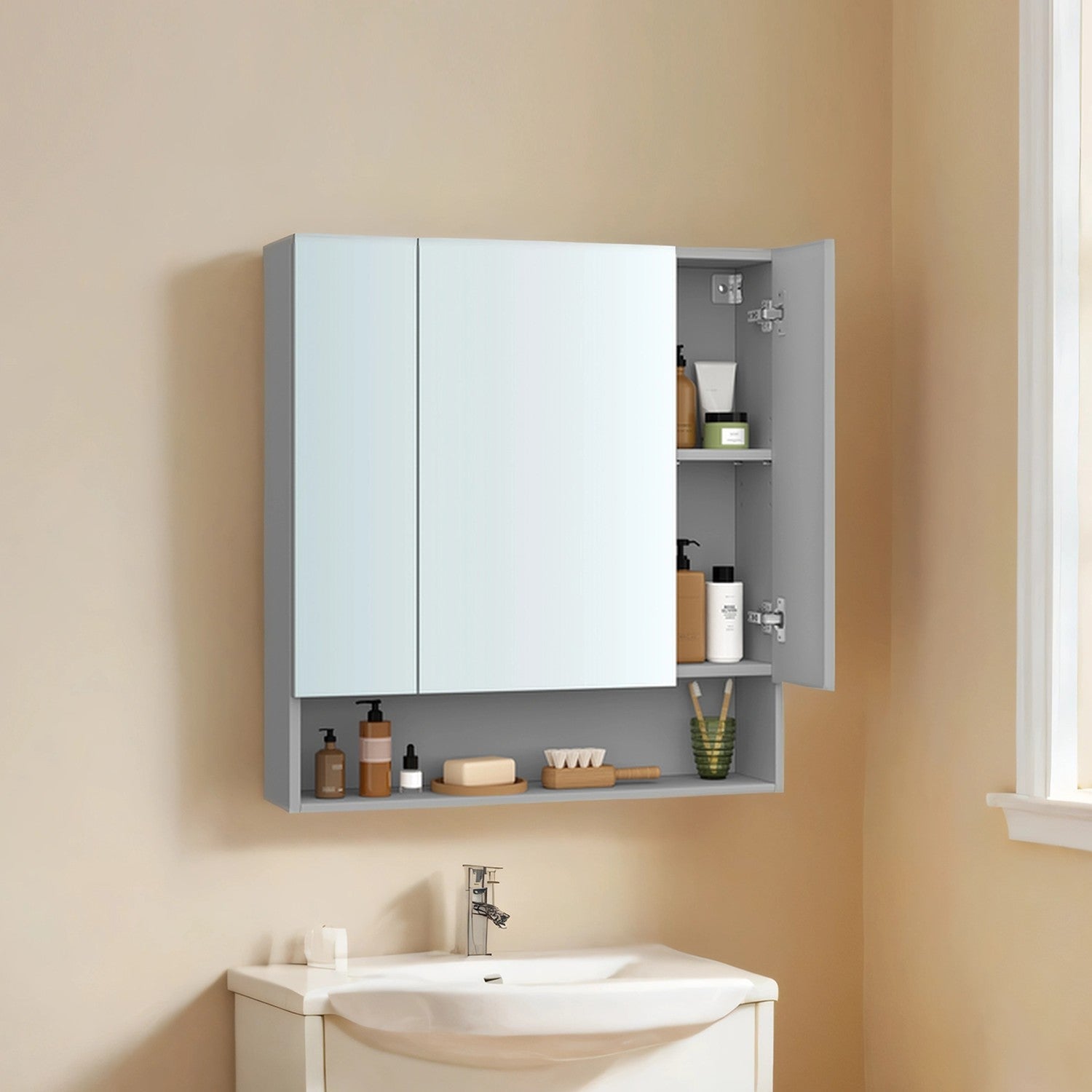 Wall Mirror Cabinet – MDF – Grey – Adjustable Shelves, Open Compartment