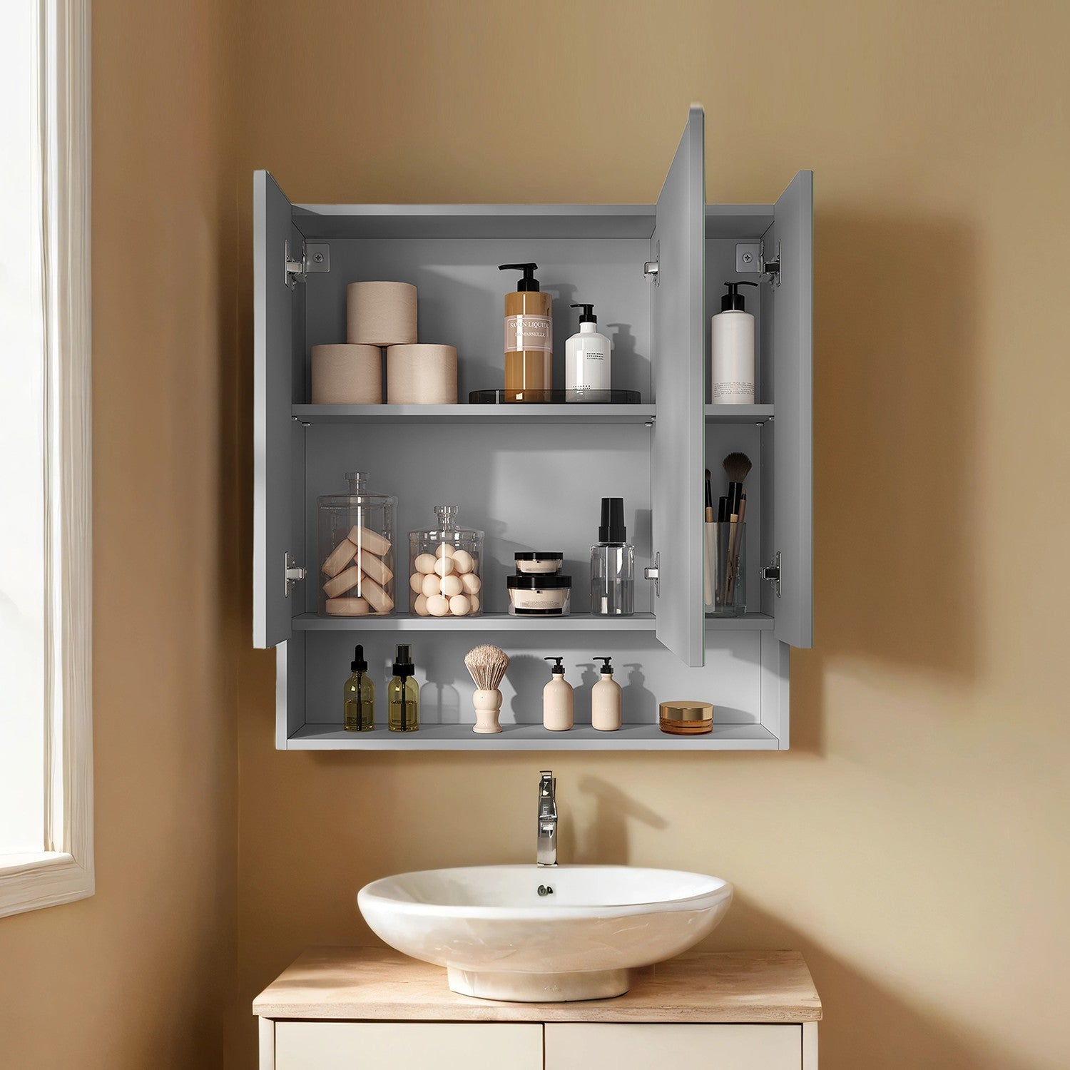 Wall Mirror Cabinet – MDF – Grey – Adjustable Shelves, Open Compartment
