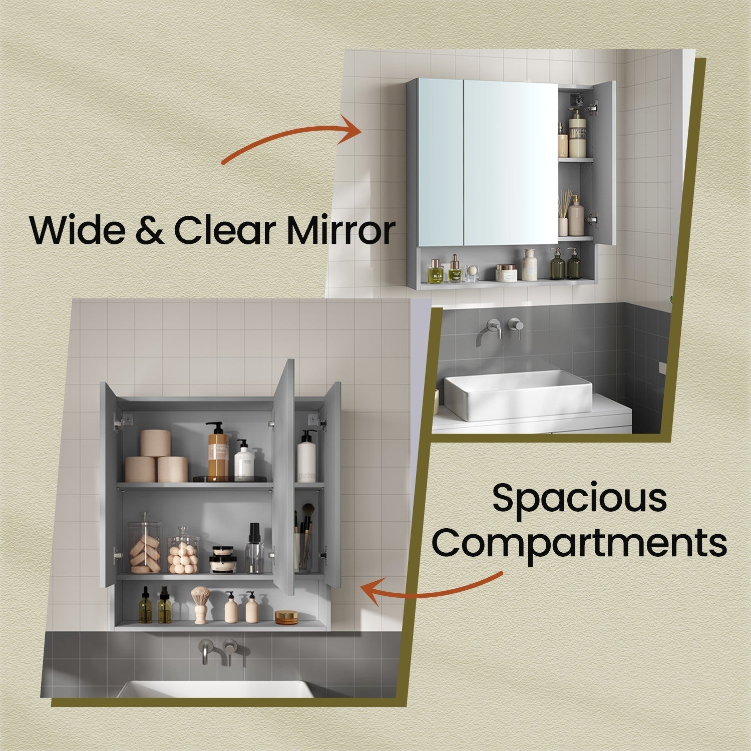 Wall Mirror Cabinet – MDF – Grey – Adjustable Shelves, Open Compartment