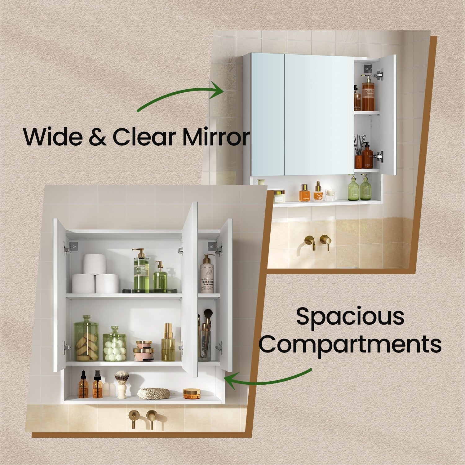 Bathroom Mirror Cabinet – Wood – Cloud White – Adjustable Shelves