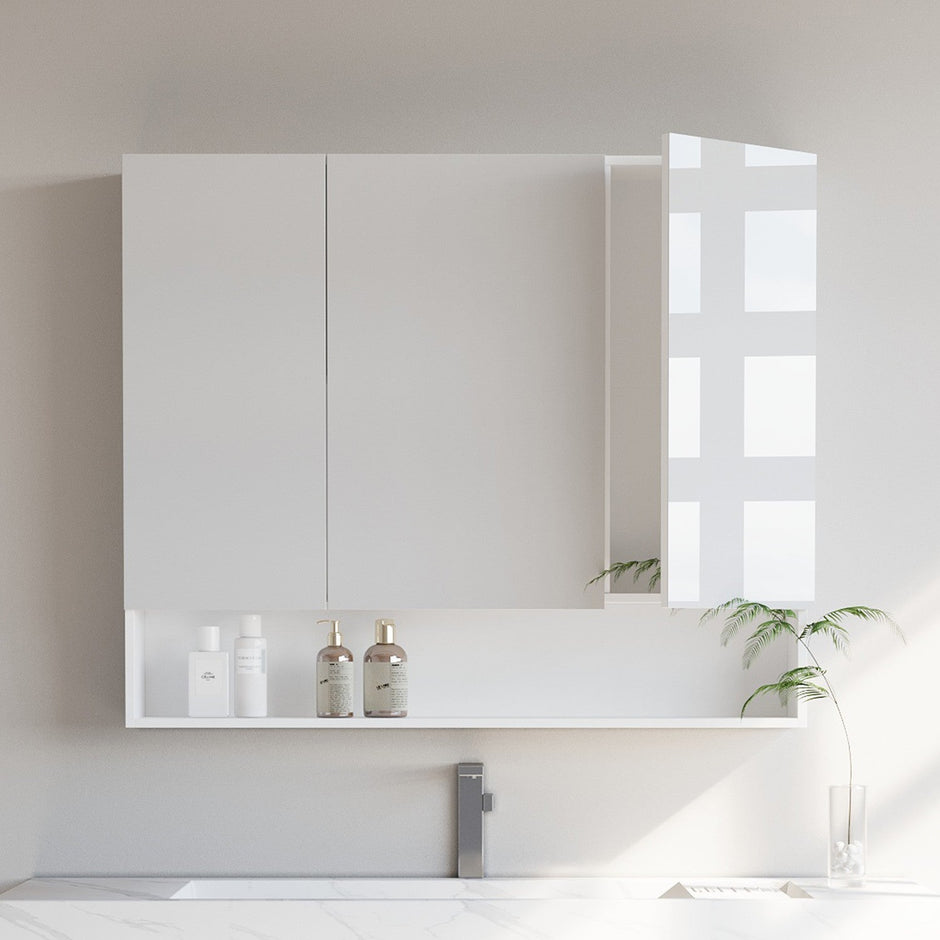 Wall-Mounted Bathroom Mirror Cabinet – Wood – Cloud White – Adjustable Shelving and Open Shelf
