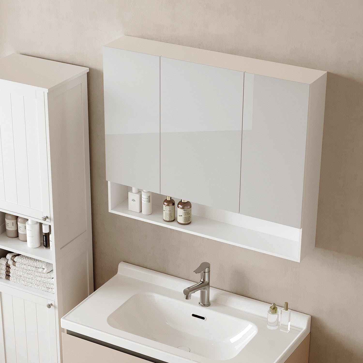 Wall-Mounted Bathroom Mirror Cabinet – Wood – Cloud White – Adjustable Shelving and Open Shelf
