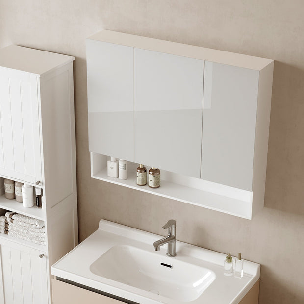 Wall-Mounted Bathroom Mirror Cabinet – Wood – Cloud White – Adjustable Shelving and Open Shelf
