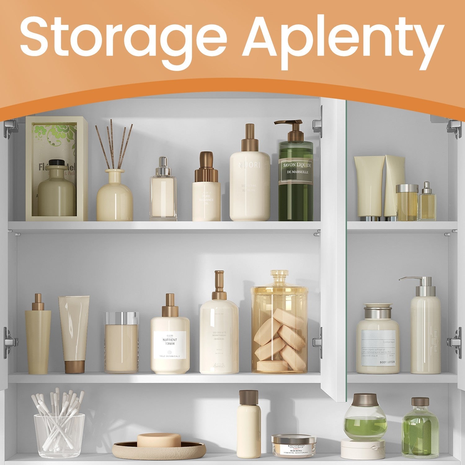Wall-Mounted Bathroom Mirror Cabinet – Wood – Cloud White – Adjustable Shelving and Open Shelf