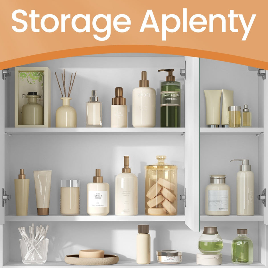 Wall-Mounted Bathroom Mirror Cabinet – Wood – Cloud White – Adjustable Shelving and Open Shelf