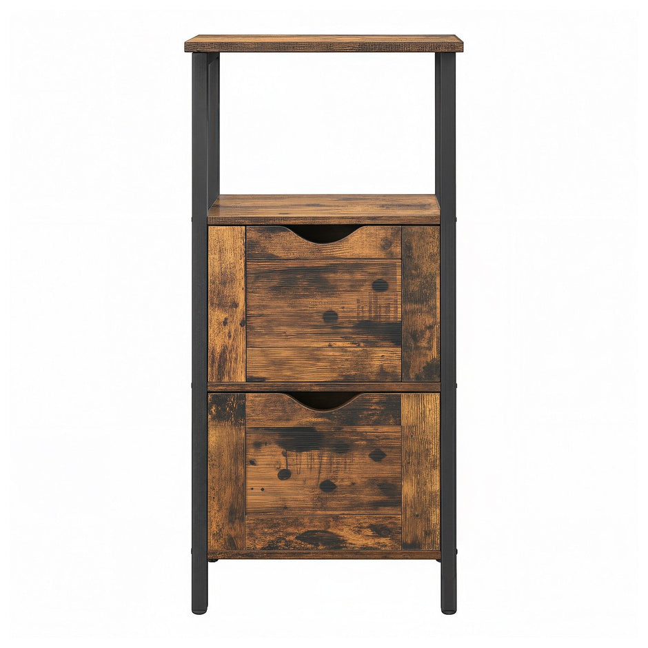 Storage Tower – Wood – Rustic Brown and Black – Slim Design with 3 Drawers and Open Compartment