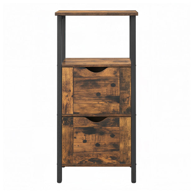 Storage Tower – Wood – Rustic Brown and Black – Slim Design with 3 Drawers and Open Compartment