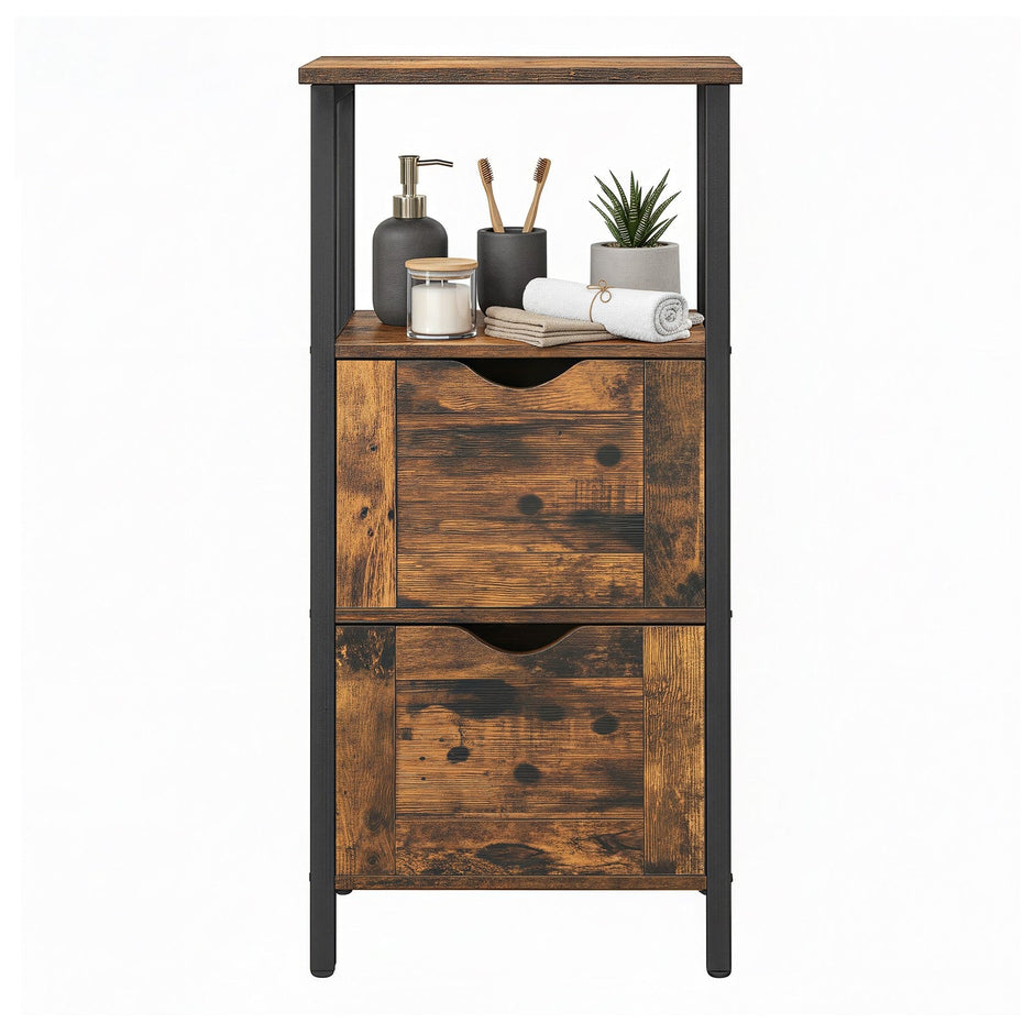 Storage Tower – Wood – Rustic Brown and Black – Slim Design with 3 Drawers and Open Compartment