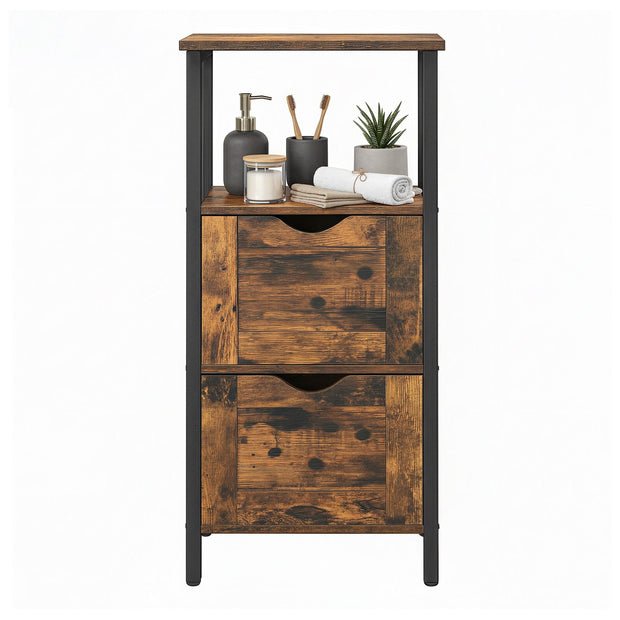 Storage Tower – Wood – Rustic Brown and Black – Slim Design with 3 Drawers and Open Compartment
